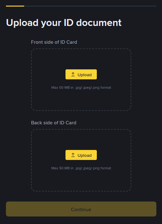 بائننس کے KYC مرحلے میں شناختی دستاویز اپ لوڈ کرنے کی سکرین (Upload ID Document)
