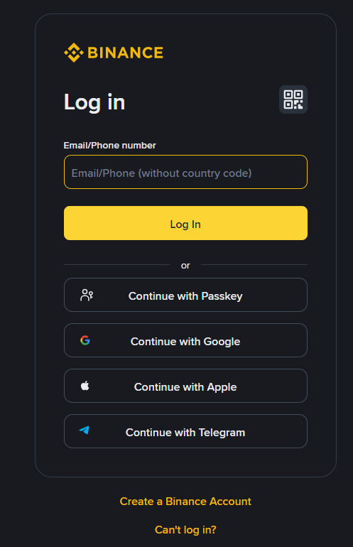 بائننس لاگ ان سکرین (Login Page)