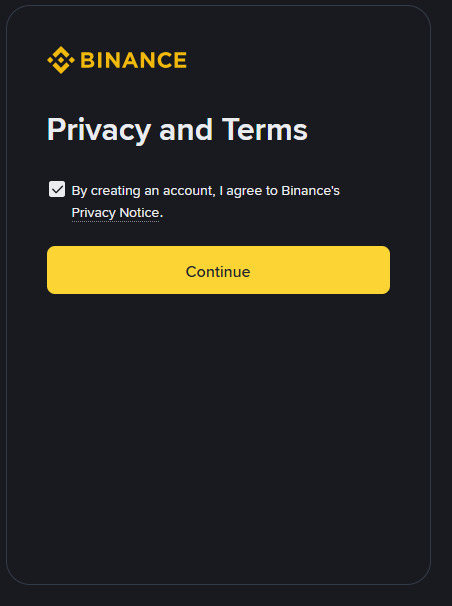 بائننس کی پرائیویسی پالیسی اور شرائط استعمال کی سکرین (Privacy and Terms)